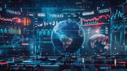 global business background with a globe surrounded by digital screens displaying various financial charts and global currencies