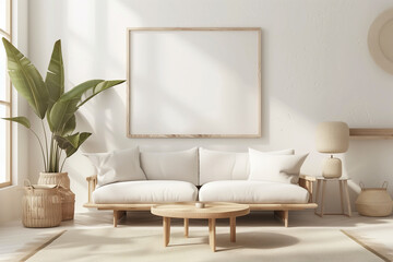 Design a blank wall photo frame mockup in a modern living room, sofa Scandinavian