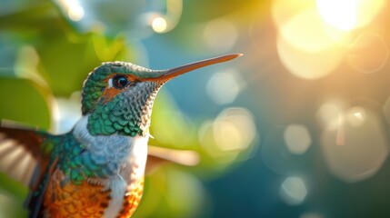 Fototapeta premium Close-up of a vibrant hummingbird perched on a branch with blurred background.
