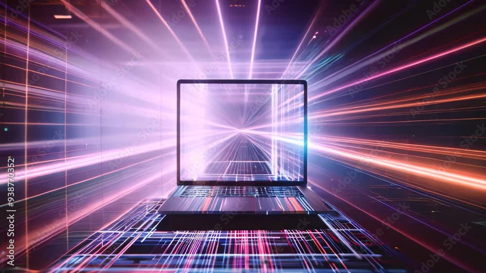 Poster a laptop screen displaying a vibrant digital network, with colorful lines representing data flow, a 