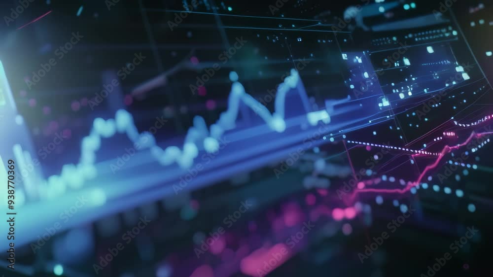 Poster a close-up of a stock market graph with fluctuating lines displayed on a computer screen, a dynamic 