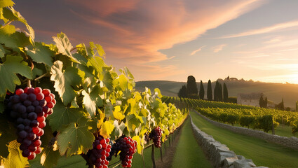 vineyard with ripe grapes in countryside at sunset, Generative AI