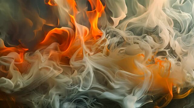 A videograph of white and orange smoke swirling together against a dark background, A dynamic composition of flames and smoke intertwining