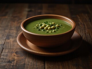 Rustic Green Pea Soup in Wooden Bowl on Weathered Wooden Table