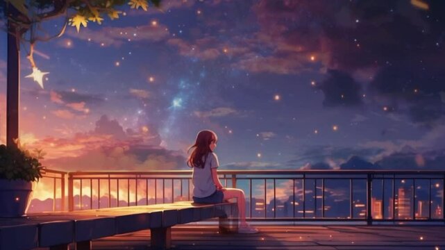 Loop animation video, Cute Lofi girl Sad moody Summer Urban day night light Cafe, 2D Japanese Lo-fi Anime style 4K Seamless loop hip-hop chill vibes Relaxing music lofi bites animation, looping 4k 
