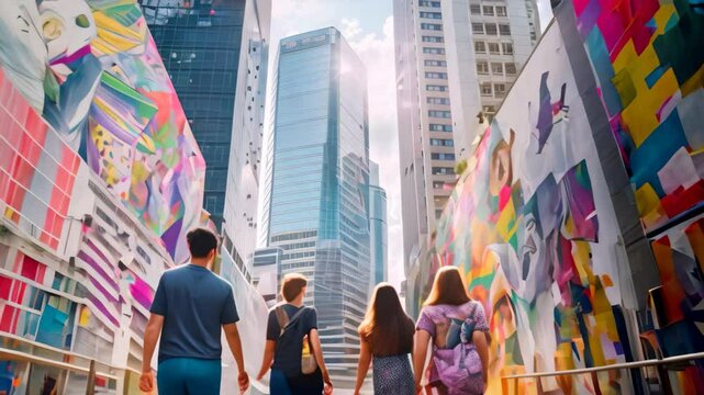 Family Sightseeing Amidst Vibrant Murals in a Bustling Hong Kong City, A family sightseeing in a bustling city, with skyscrapers towering overhead and colorful street art adorning the walls