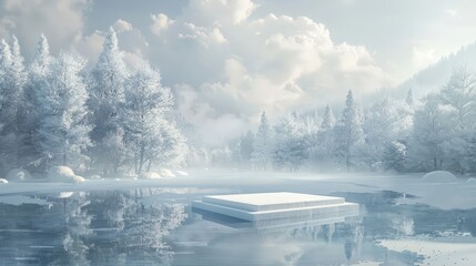 winter podium background with a podium set on a frozen lake, surrounded by snow-covered pines