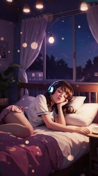 Loop animation video, Cute Lofi girl Sad moody Summer Urban day night light Cafe, 2D Japanese style 4K Seamless loop hip-hop chill vibes Relaxing music lofi bites animation