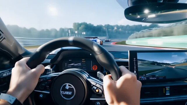 Racing competition simulator. Gamer man with joystick steering wheel controls race car, play video game on computer. Hands close-up. Funny virtual simulation. Gaming controller. Fast speed drive auto.