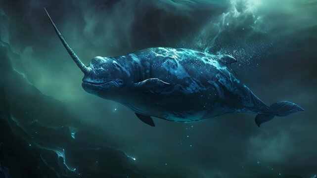 A fantasy narwhal with magical abilities gracefully swims through the deep, dark ocean, A fantasy interpretation of a narwhal with a magical horn spiraling through the depths of the ocean