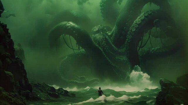 A massive, shadowy octopus with massive tentacles rests on the floor of a deep, dark underwater cave, A fearsome hunter lurking in the depths