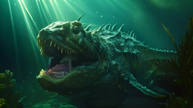 A menacing, toothy creature lurks in the dark depths of the ocean, its sharp spines and open maw a sign of its predatory nature, A fearsome hunter lurking in the depths