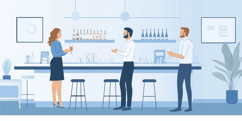 a flat design style illustration of business people in an office, standing and talking to each other at the bar counter. a professional work environment, social interaction, and team collaboration.
