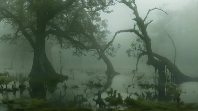 A foggy morning in a swamp, with tall twisted cypress trees reflected in the murky water, A foggy, mysterious swamp with twisted, gnarled trees