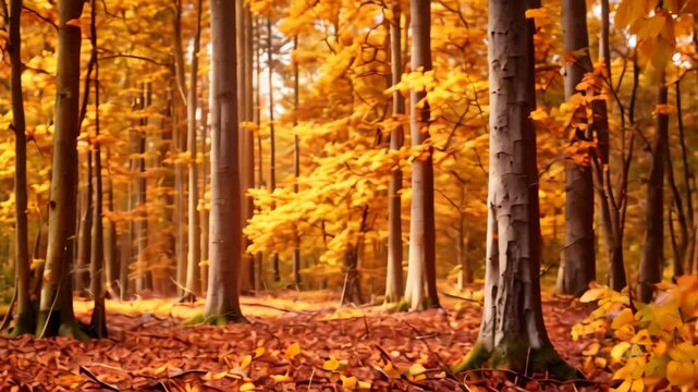 A videograph showcasing the vibrant colors of autumn in a forest, A forest filled with vibrant autumn colors