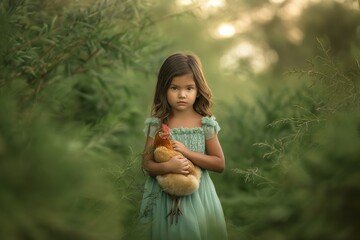 Young Girl Embraces Chicken in Lush Greenery