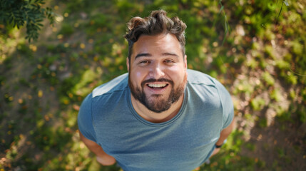 Fototapeta premium A Happy Man is Joyously Smiling Brightly Outdoors, Fully Enjoying the Beautiful Natural Light