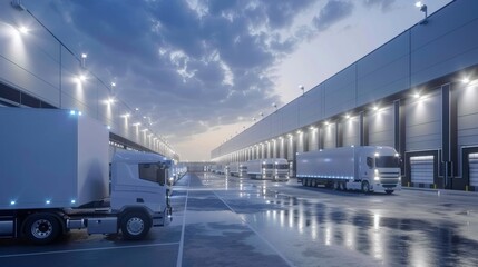 Fototapeta premium A Vibrant Modern Logistics Hub at Dawn Featuring Trucks Amidst Reflective Surfaces