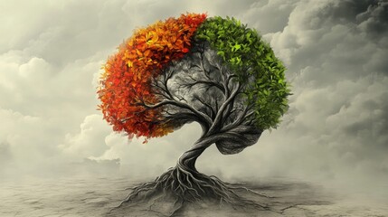A brain made of intertwined tree roots, with one side flourishing with vibrant leaves and the other side wilting, set against a misty landscape