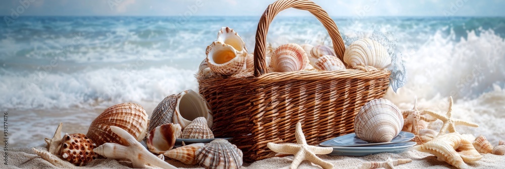 Sticker A wicker basket filled with seashells sits on a sandy beach, symbolizing summer, vacation, relaxation, nature, and the ocean.