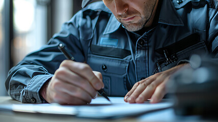 Fototapeta premium A Focused Officer is diligently Writing a Comprehensive Report in the Police Station