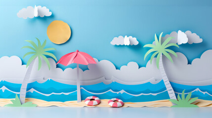 Obraz premium A Colorful Paper Beach Scene Featuring Palm Trees, An Umbrella, and Bright Sunny Skies