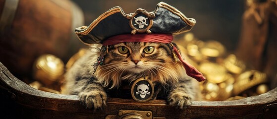 A curious cat dressed as a pirate, complete with a tiny hat and eyepatch, perched on a treasure chest