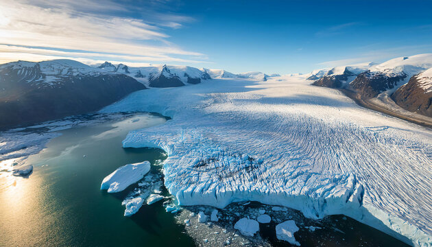 Glaciers retreating rapidly in a polar region, captured from above, emphasizing the loss of ice mass due to elevated global temperatures.