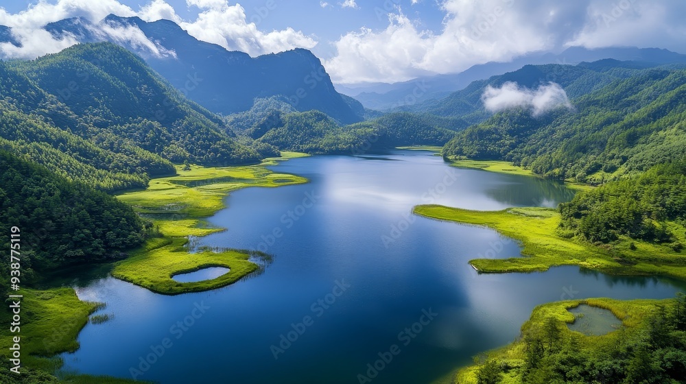 Canvas Prints An aerial view of Dajiu Lake, a picturesque lake nestled within the Shennongjia National Wetland Park. The image captures the serene beauty of the lake, surrounded by lush green hills and mountains. T