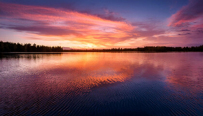 Obraz premium Ripples spreading on a serene lake surface at sunset, reflecting the orange and pink hues of the sky.