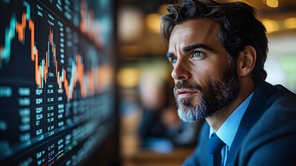 Obraz premium Business professionals in discussion, focusing on operations benchmarking with a defocused stock graph chart in the background, representing strategic analysis