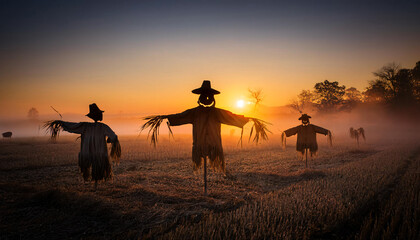 Silhouettes of scarecrows at sunset in a misty field, creating a chilling scene as if they are coming to life.