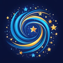 Fototapeta premium Vibrant abstract illustration featuring a swirling galaxy of blue and yellow colors, surrounded by twinkling stars on a dark background.