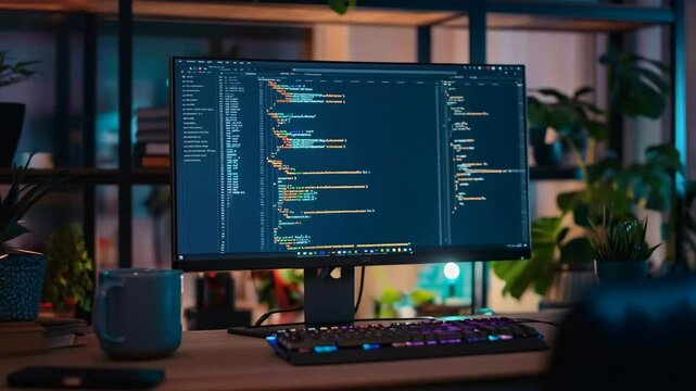 Programmer Software Code for Blockchain Project, Developing Backend System. Developer Computer pc monitor display. Writing line of code. Big data security. Hacker hack program. Cybersecurity.