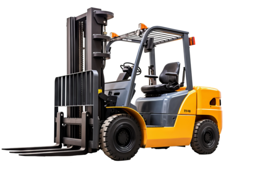 High-resolution forklift illustration isolated on transparent background for industrial and warehouse logistics design projects, ideal for digital and print use in manufacturing and heavy machinery - Powered by Adobe