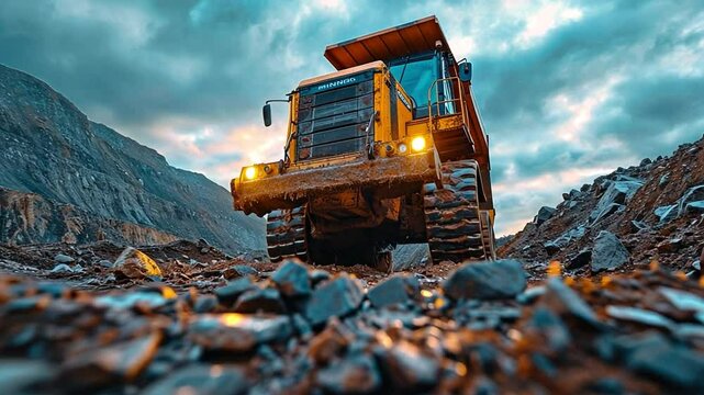 The orage excavator excavates and then unloads the truck.