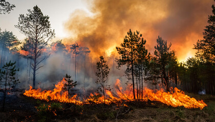 Wildfires raging in a forest, with smoke and flames visible, highlighting the increased frequency and intensity of wildfires as a consequence of global warming.