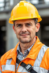 A smiling construction worker wearing a yellow hard hat and a safety jacket. He stands confidently in a construction site, showcasing a friendly demeanor.