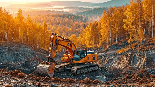 The orage excavator excavates and then unloads the truck.