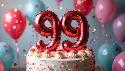 Number 99th Birthday Balloon Celebration Cake, Adorned with Sparkling Confetti, Stars, Glitters, and Streamer Ribbons for a Festive Atmosphere