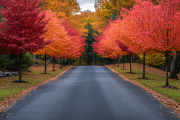 Obraz premium An isolated road in autumn on a cloudy day