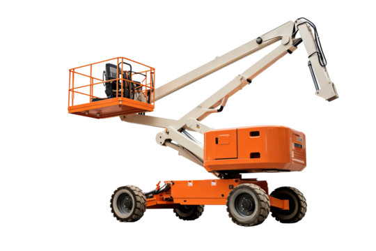Modern manlift machine on transparent background for construction and industrial projects, featuring safety and efficiency in elevated work platforms
