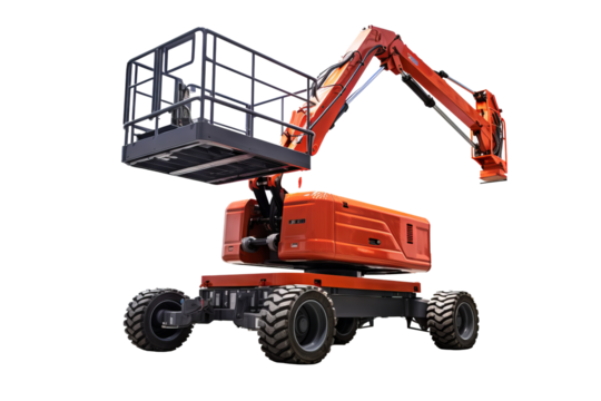 Modern manlift machine on transparent background for construction and industrial projects, featuring safety and efficiency in elevated work platforms
