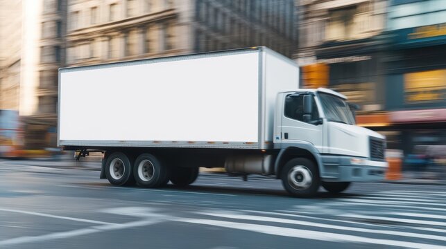 Blank delivery truck mockup on city street, side view with blurred urban background
