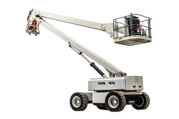 Modern manlift machine on transparent background for construction and industrial projects, featuring safety and efficiency in elevated work platforms