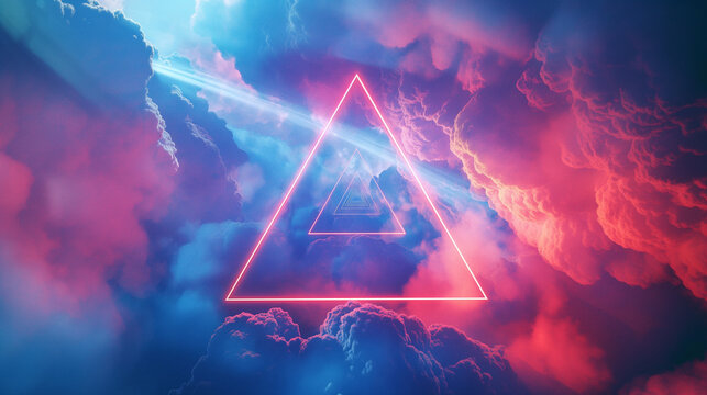 A vibrant neon light rectangular portal amidst pink and purple clouds on a reflective wet surface, suggesting a gateway to an unknown dimension.
