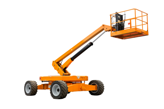 Modern manlift machine on transparent background for construction and industrial projects, featuring safety and efficiency in elevated work platforms