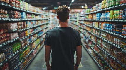 Young man browsing organic grocery store shelves filled with natural food products
