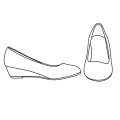 Women's Low Heel Pump Shoes Line art,Technical sketch hand drawing outline vector doodle illustration front and side isolated on white background