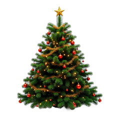 Fototapeta premium Decorated Christmas tree isolated on transparent PNG background.